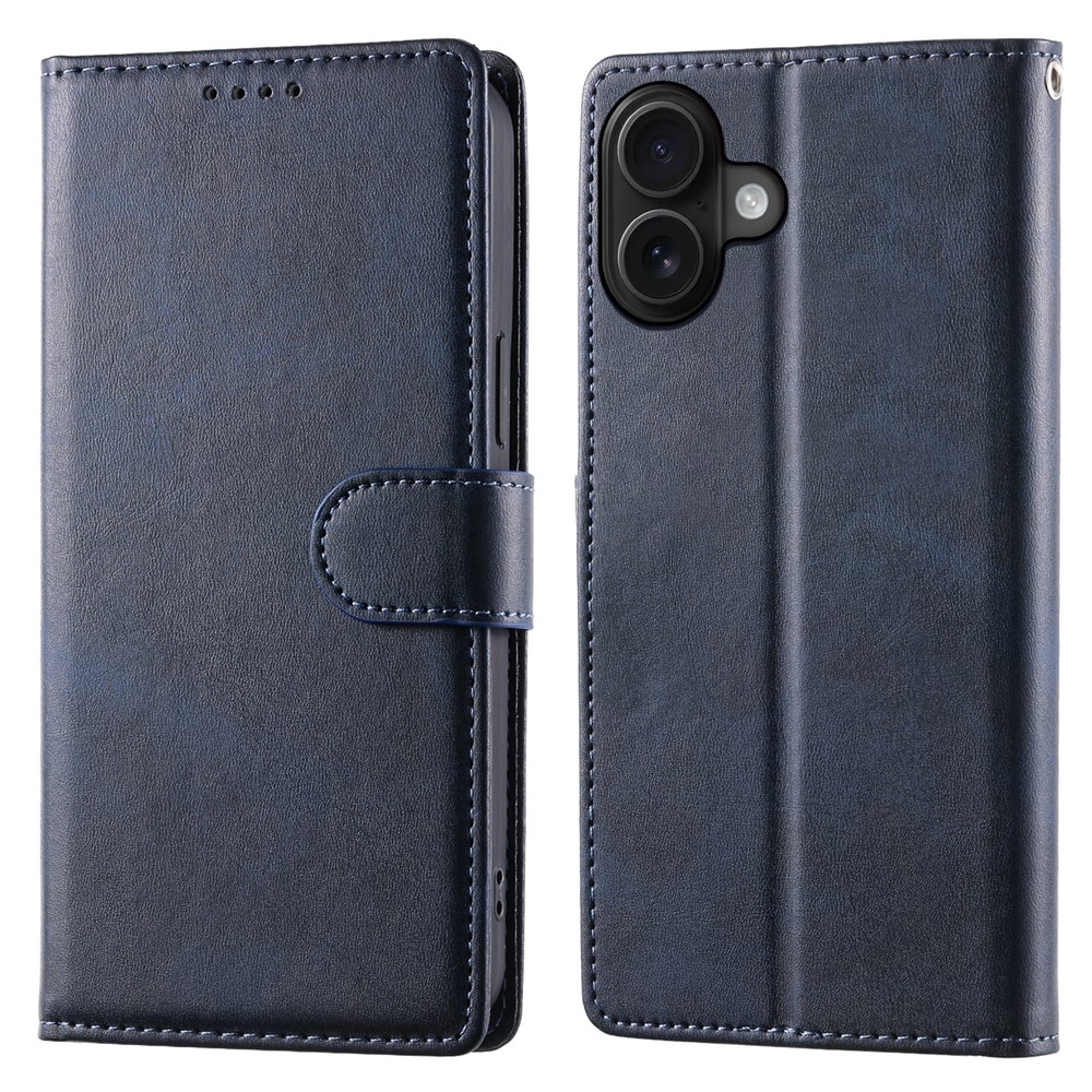 For iPhone 16 Plus Case Stand Wallet Calf Texture PU Leather Flip Phone Cover with Wrist Strap - Blue
