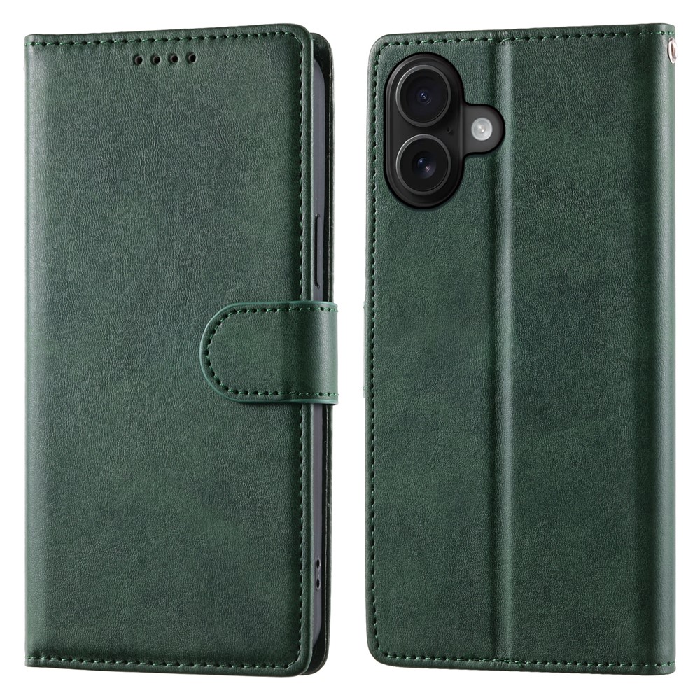 For iPhone 16 Plus Case Stand Wallet Calf Texture PU Leather Flip Phone Cover with Wrist Strap - Green