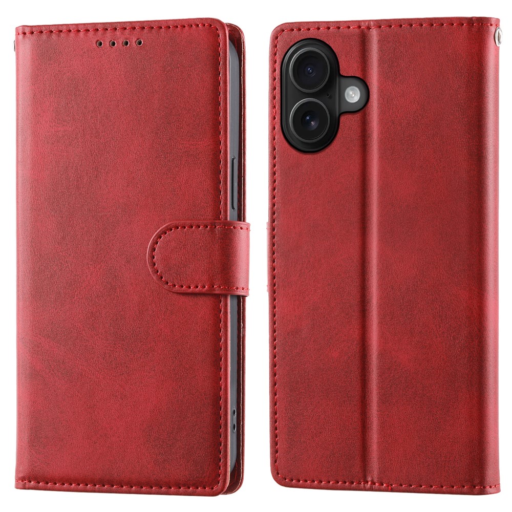 For iPhone 16 Plus Case Stand Wallet Calf Texture PU Leather Flip Phone Cover with Wrist Strap - Red