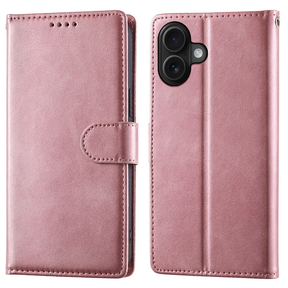 For iPhone 16 Plus Case Stand Wallet Calf Texture PU Leather Flip Phone Cover with Wrist Strap - Pink