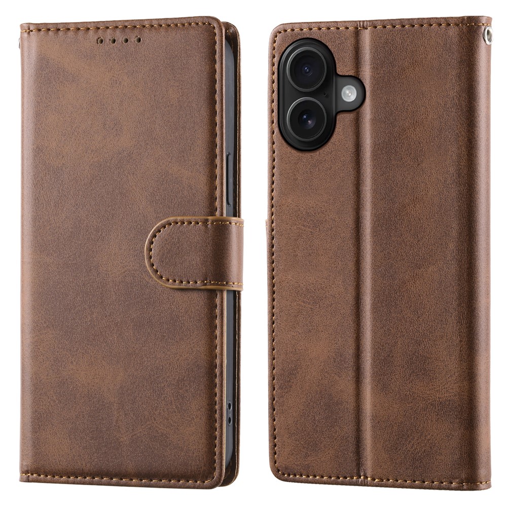 For iPhone 16 Plus Case Stand Wallet Calf Texture PU Leather Flip Phone Cover with Wrist Strap - Brown