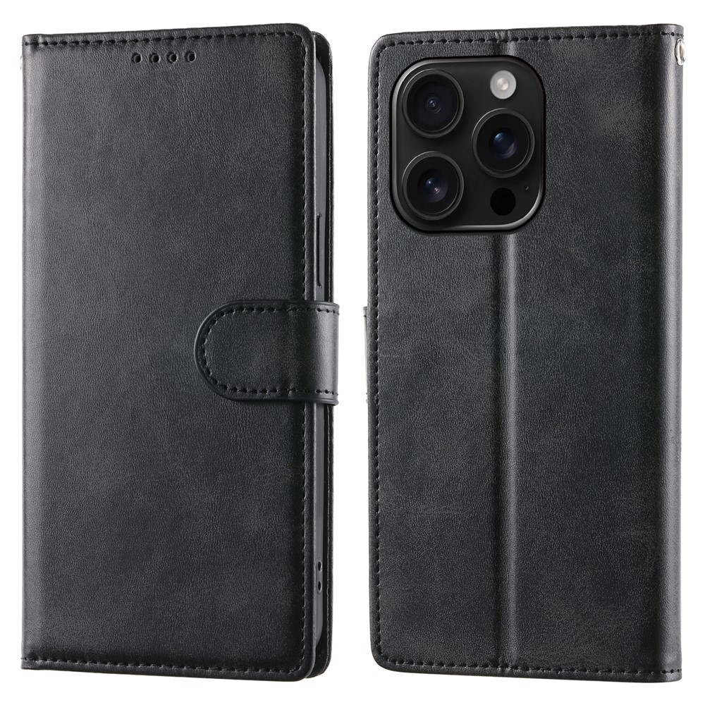 For iPhone 16 Pro Case Stand Wallet Calf Texture PU Leather Flip Phone Cover with Wrist Strap - Black
