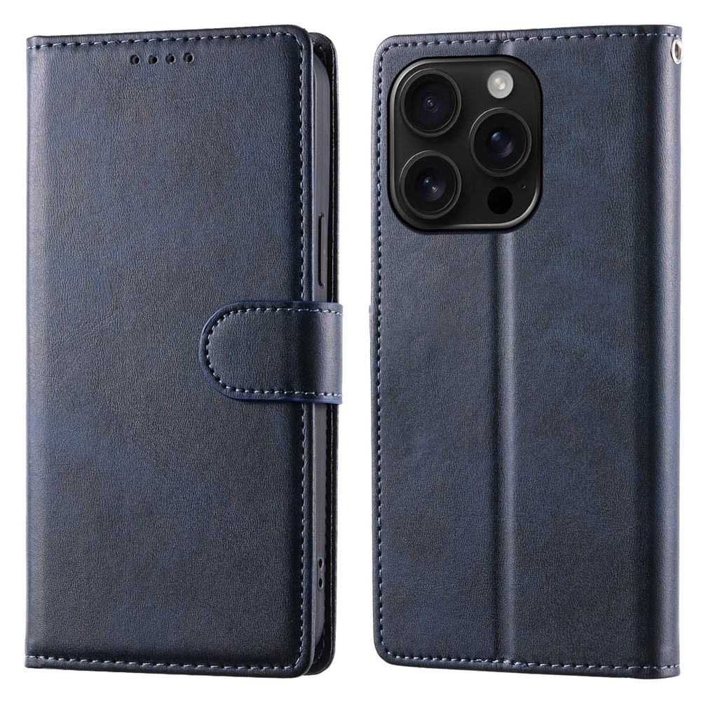 For iPhone 16 Pro Case Stand Wallet Calf Texture PU Leather Flip Phone Cover with Wrist Strap - Blue