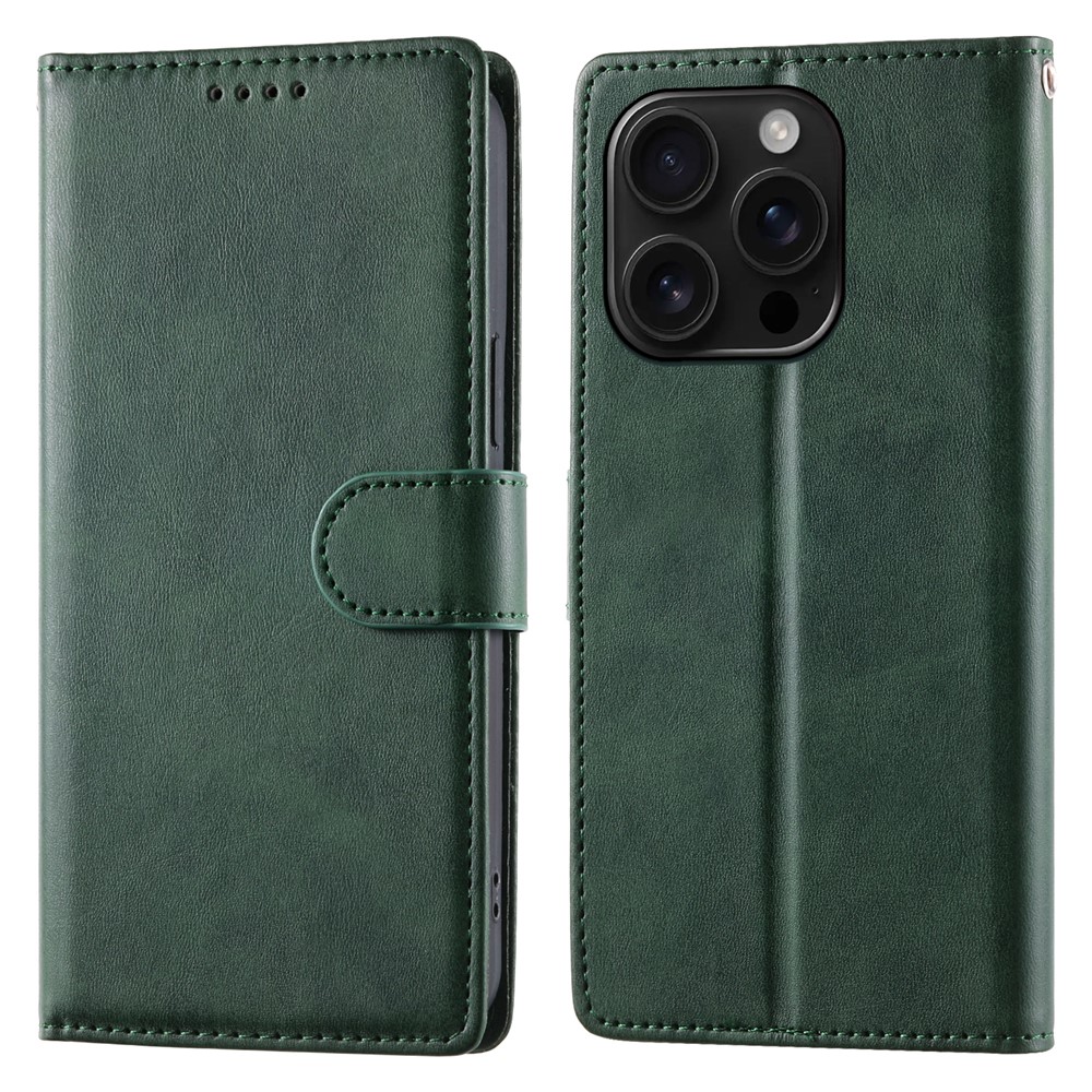 For iPhone 16 Pro Case Stand Wallet Calf Texture PU Leather Flip Phone Cover with Wrist Strap - Green