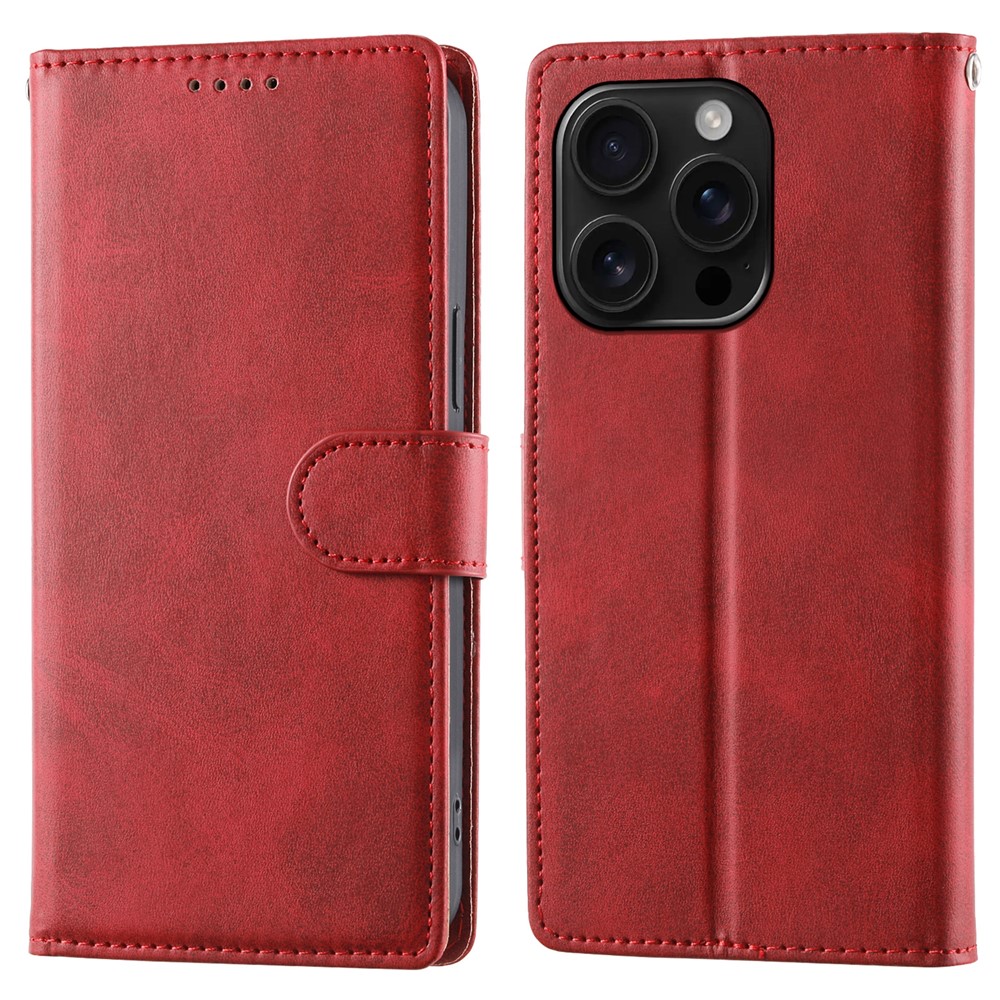 For iPhone 16 Pro Case Stand Wallet Calf Texture PU Leather Flip Phone Cover with Wrist Strap - Red