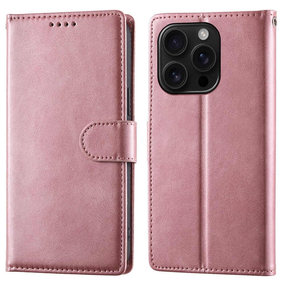 For iPhone 16 Pro Case Stand Wallet Calf Texture PU Leather Flip Phone Cover with Wrist Strap - Pink