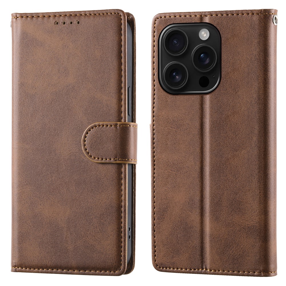 For iPhone 16 Pro Case Stand Wallet Calf Texture PU Leather Flip Phone Cover with Wrist Strap - Brown