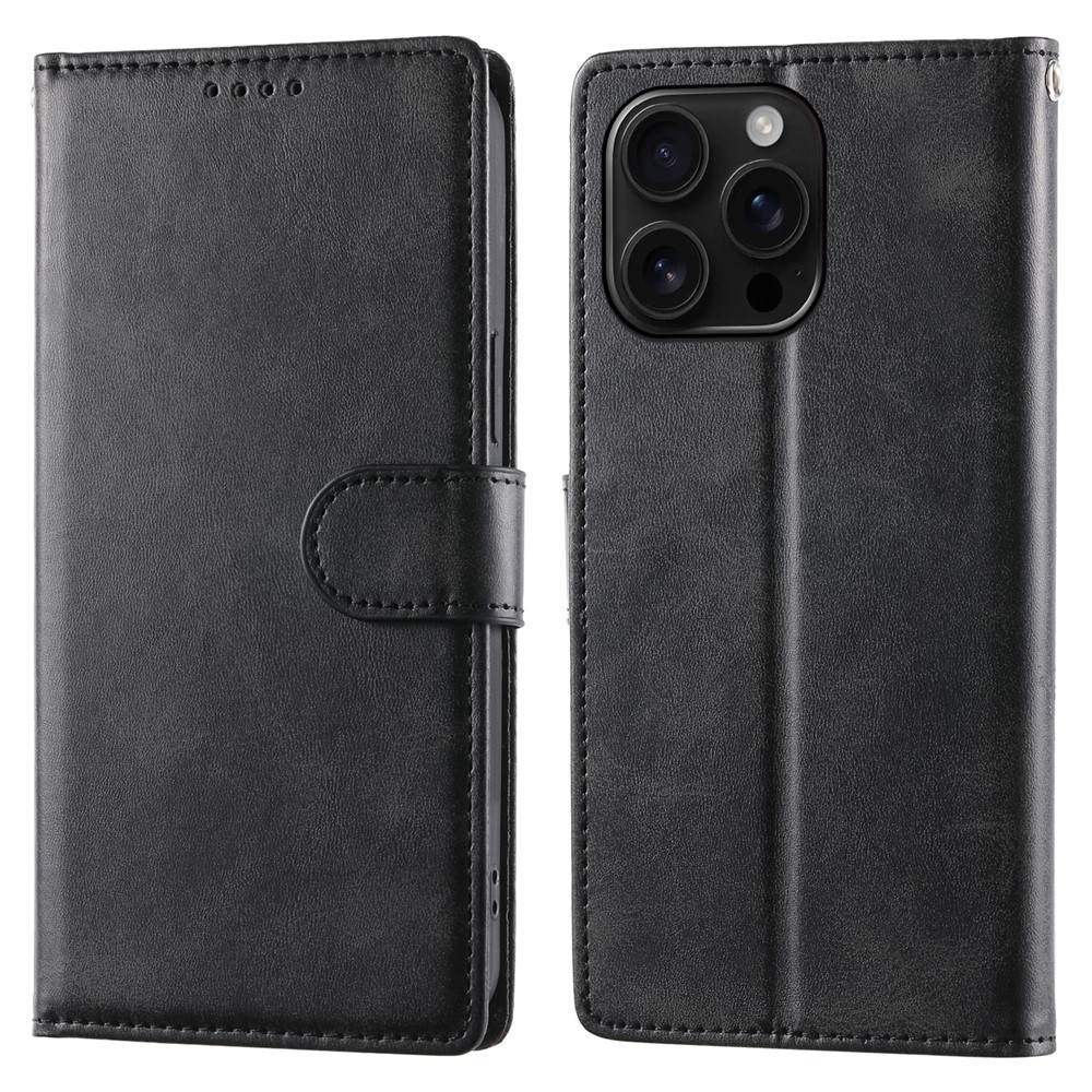 For iPhone 16 Pro Max Case Stand Wallet Calf Texture PU Leather Flip Phone Cover with Wrist Strap - Black