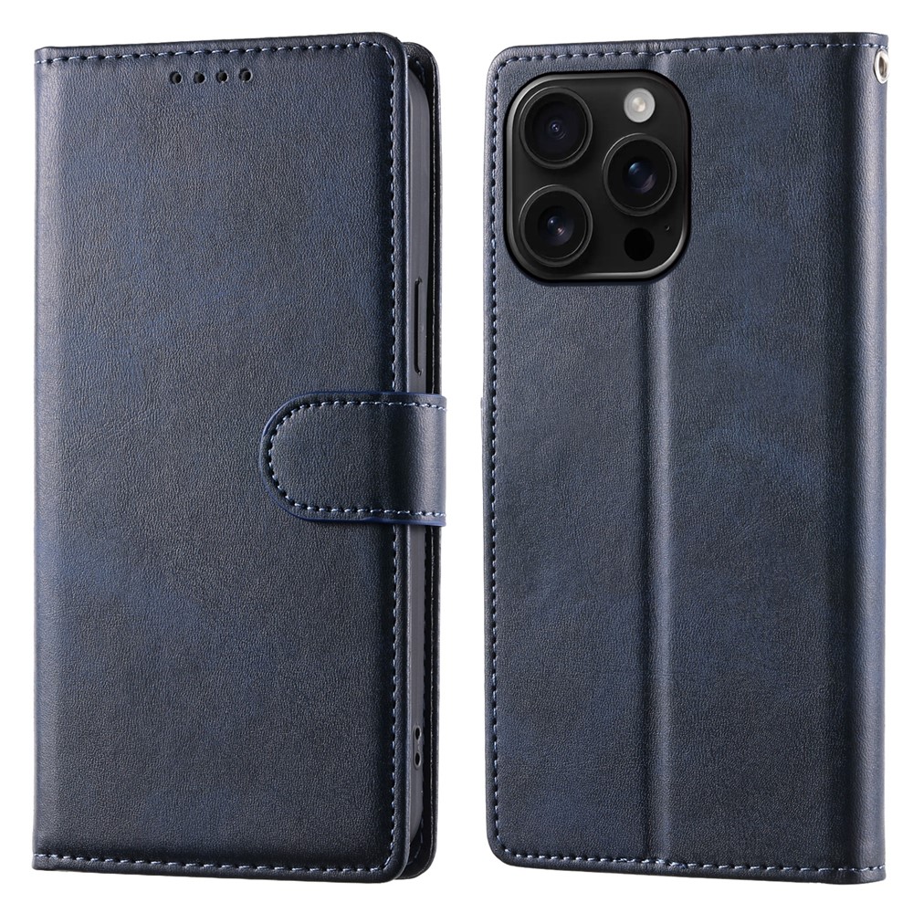 For iPhone 16 Pro Max Case Stand Wallet Calf Texture PU Leather Flip Phone Cover with Wrist Strap - Blue