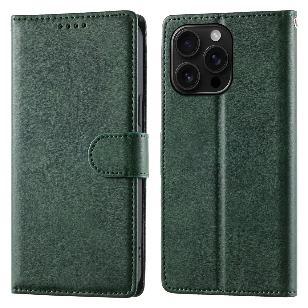 For iPhone 16 Pro Max Case Stand Wallet Calf Texture PU Leather Flip Phone Cover with Wrist Strap - Green