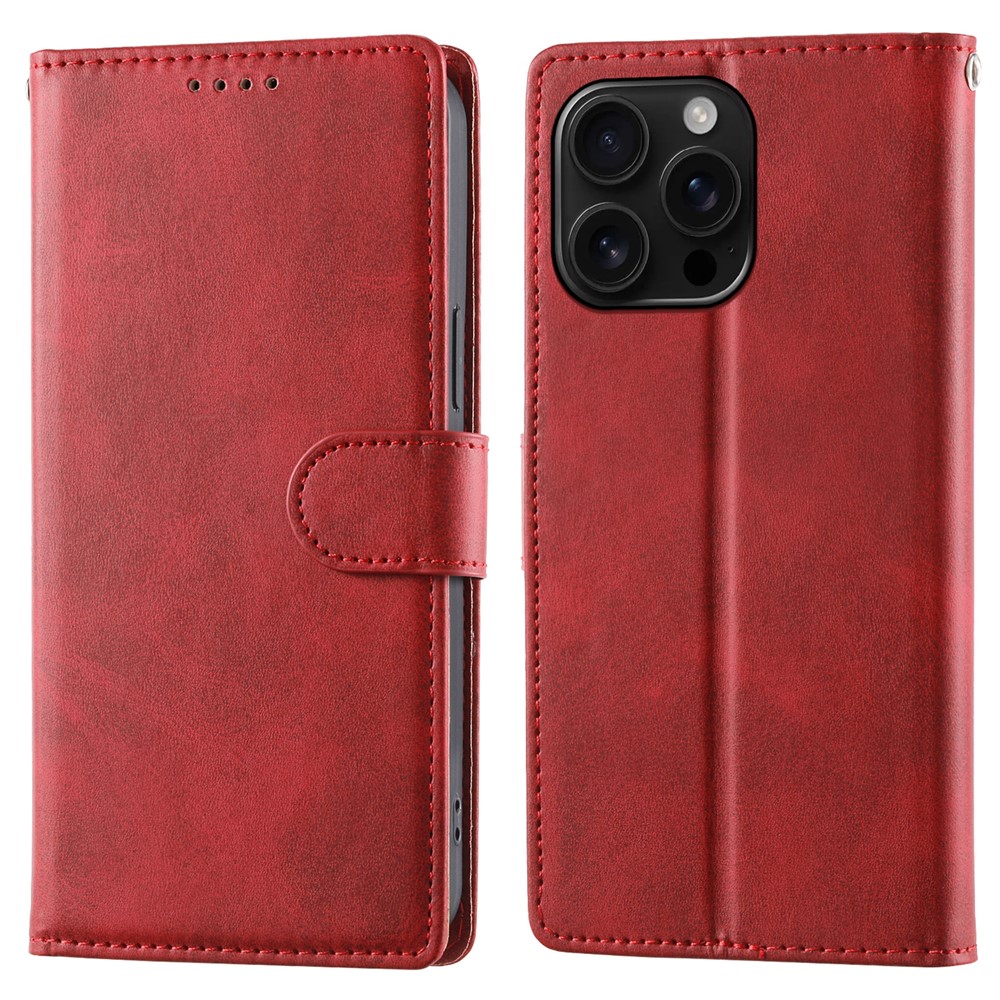 For iPhone 16 Pro Max Case Stand Wallet Calf Texture PU Leather Flip Phone Cover with Wrist Strap - Red