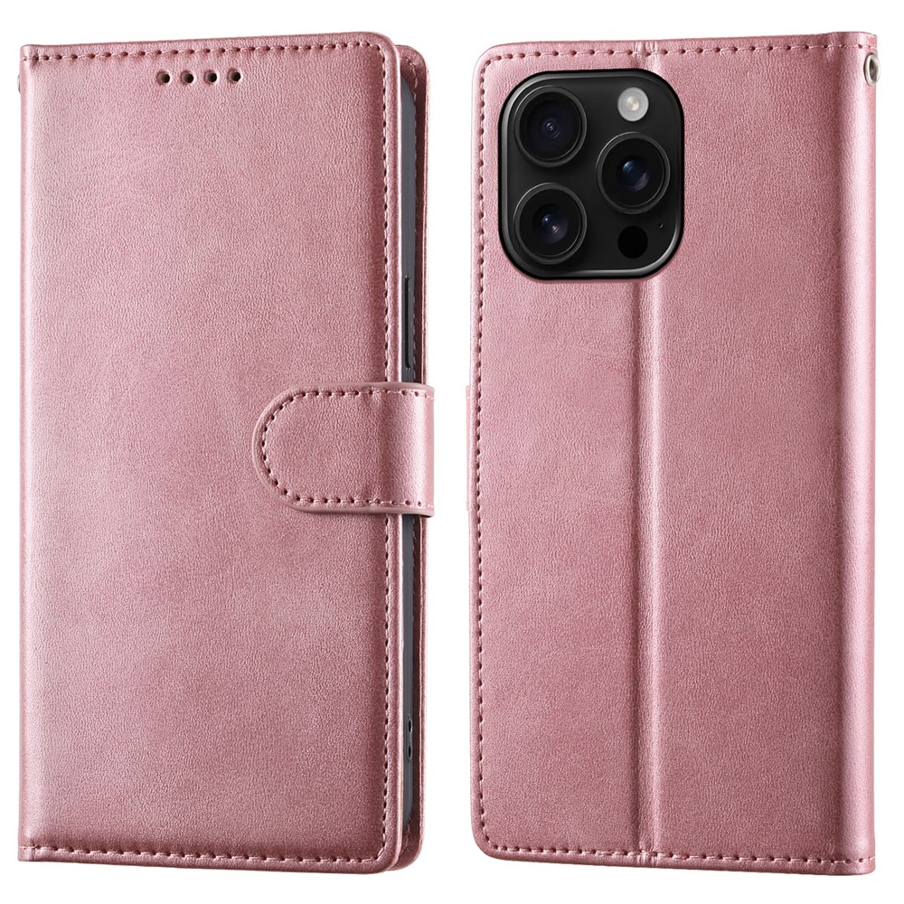 For iPhone 16 Pro Max Case Stand Wallet Calf Texture PU Leather Flip Phone Cover with Wrist Strap - Pink