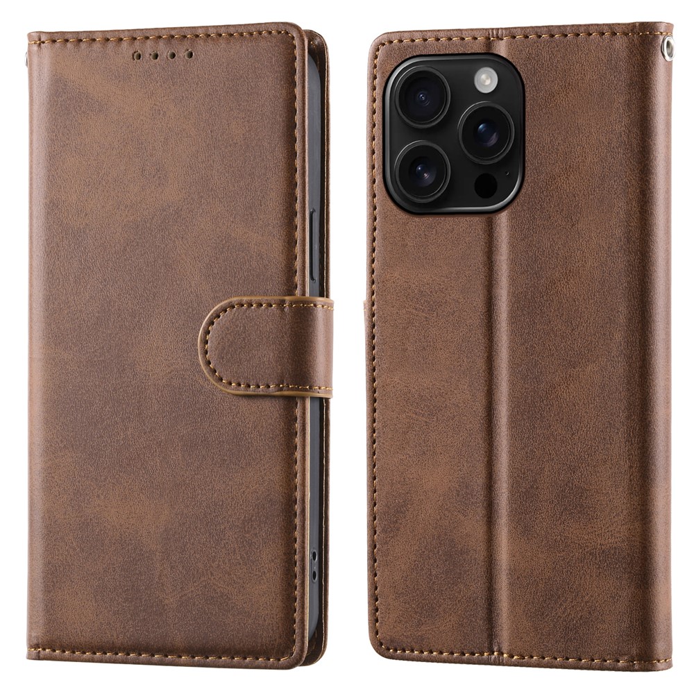 For iPhone 16 Pro Max Case Stand Wallet Calf Texture PU Leather Flip Phone Cover with Wrist Strap - Brown