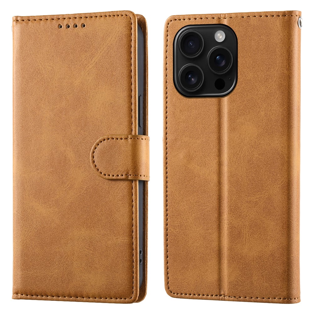 For iPhone 16 Pro Max Case Stand Wallet Calf Texture PU Leather Flip Phone Cover with Wrist Strap - Yellow