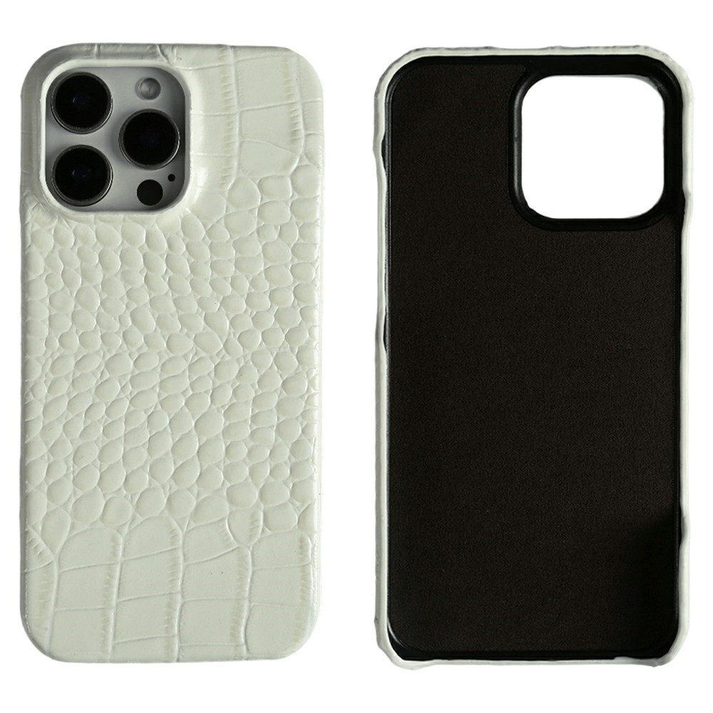 For iPhone 16 Pro Max Genuine Leather Crocodile Pattern Premium Phone Case Protective Cover - White