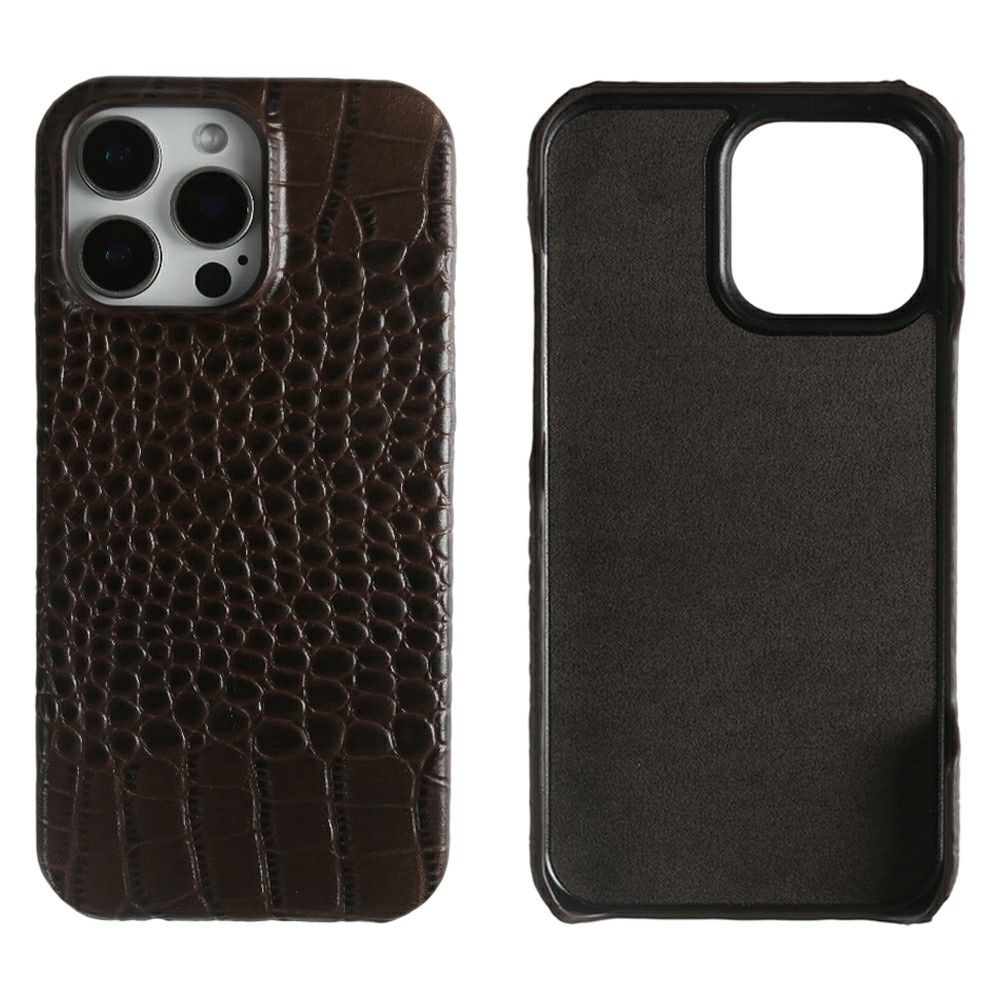 For iPhone 16 Pro Case Crocodile Texture Genuine Cow Leather Coated PC Phone Cover - Coffee