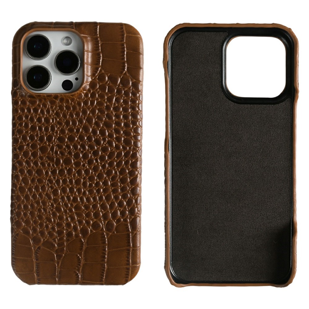 For iPhone 16 Pro Case Crocodile Texture Genuine Cow Leather Coated PC Phone Cover - Brown