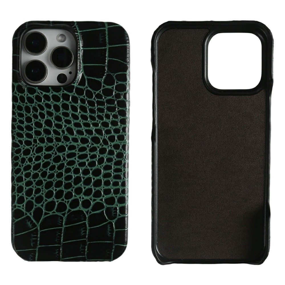 For iPhone 15 Pro Max Case Crocodile Texture Genuine Cow Leather Coated PC Phone Cover - Green