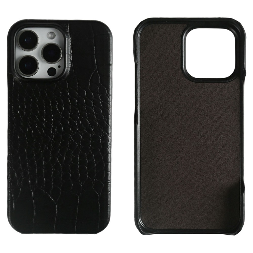 For iPhone 15 Pro Max Case Crocodile Texture Genuine Cow Leather Coated PC Phone Cover - Black