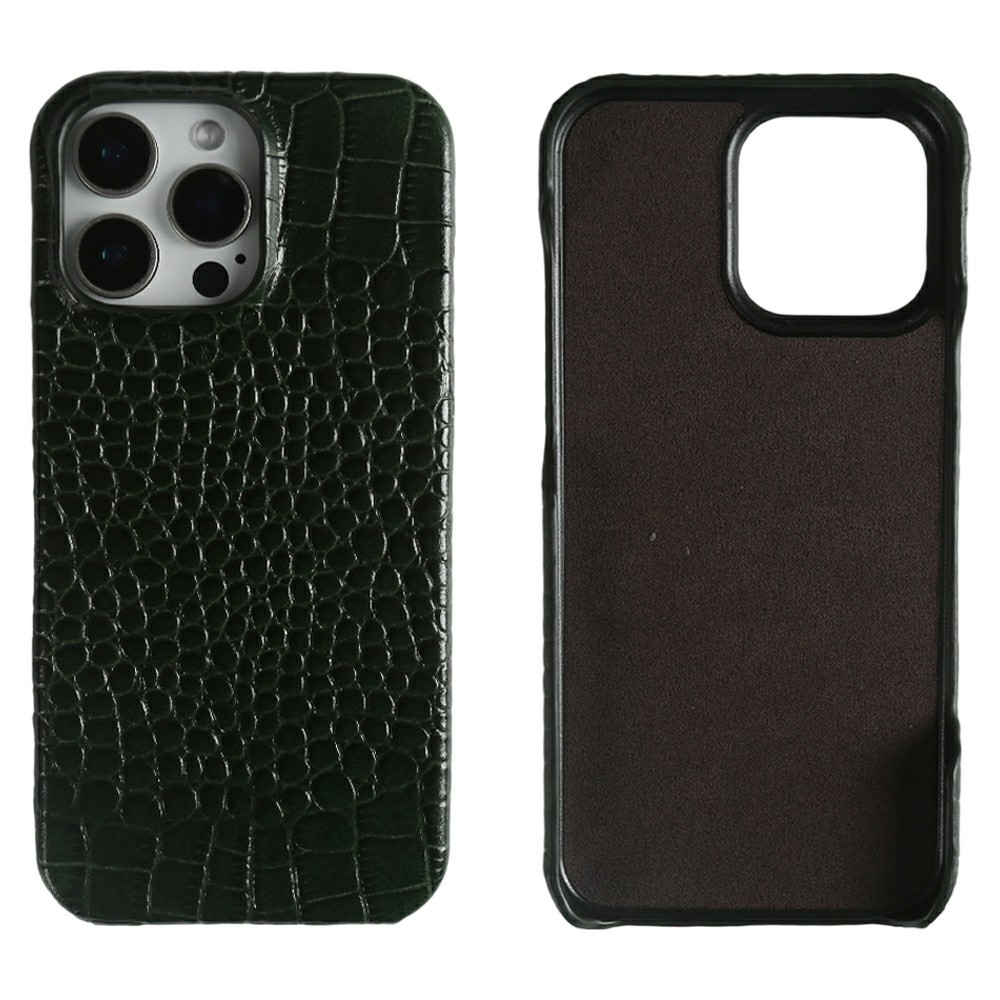 For iPhone 15 Pro Max Case Crocodile Texture Genuine Cow Leather Coated PC Phone Cover - Midnight Green