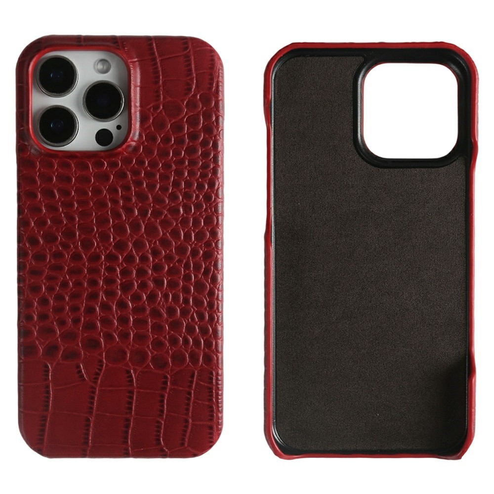 For iPhone 15 Pro Case Crocodile Texture Genuine Cow Leather Coated PC Phone Cover - Red