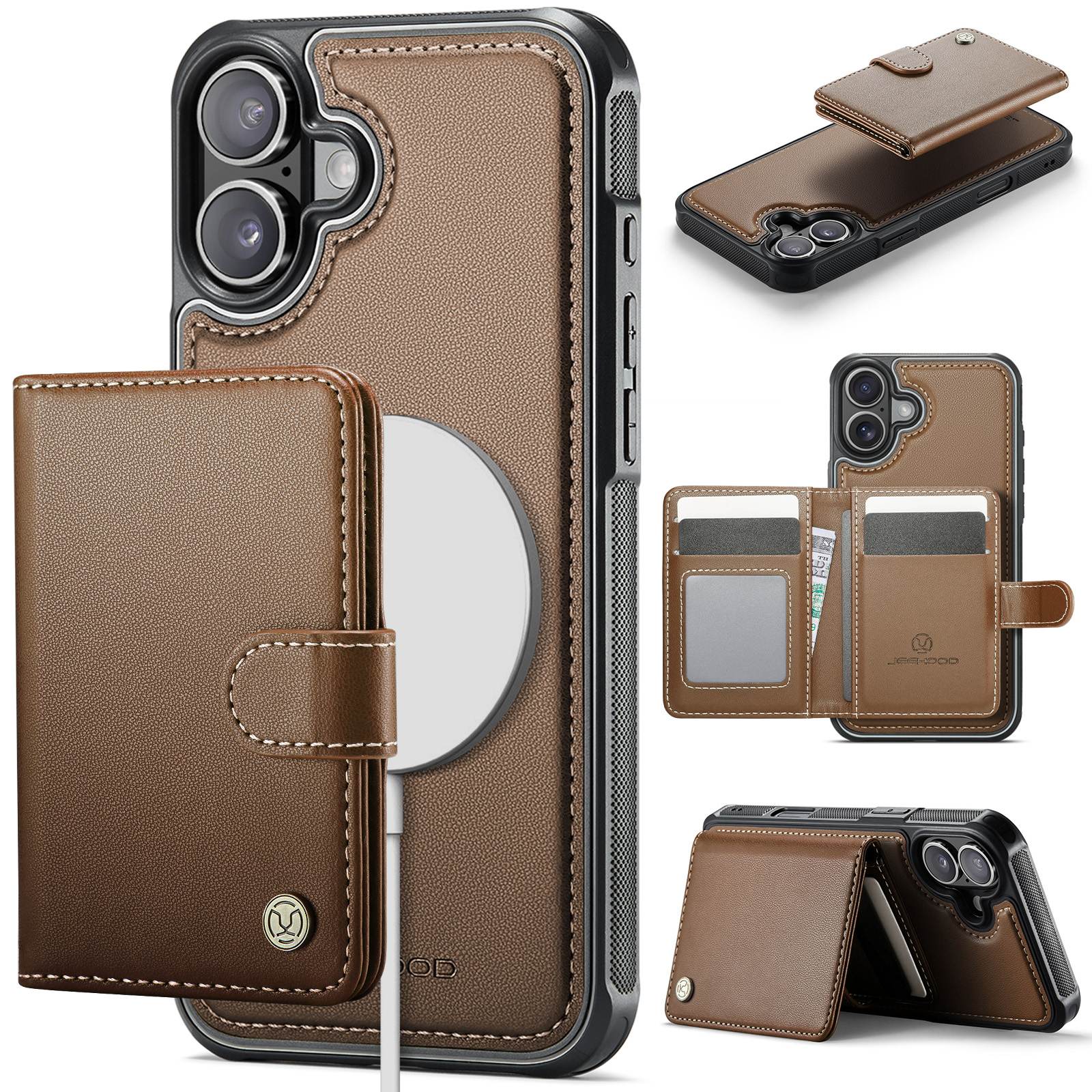 For iPhone 17 Case JEEHOOD J09 RFID Blocking Card Holder Leather Back Phone Cover Compatible with MagSafe - Brown