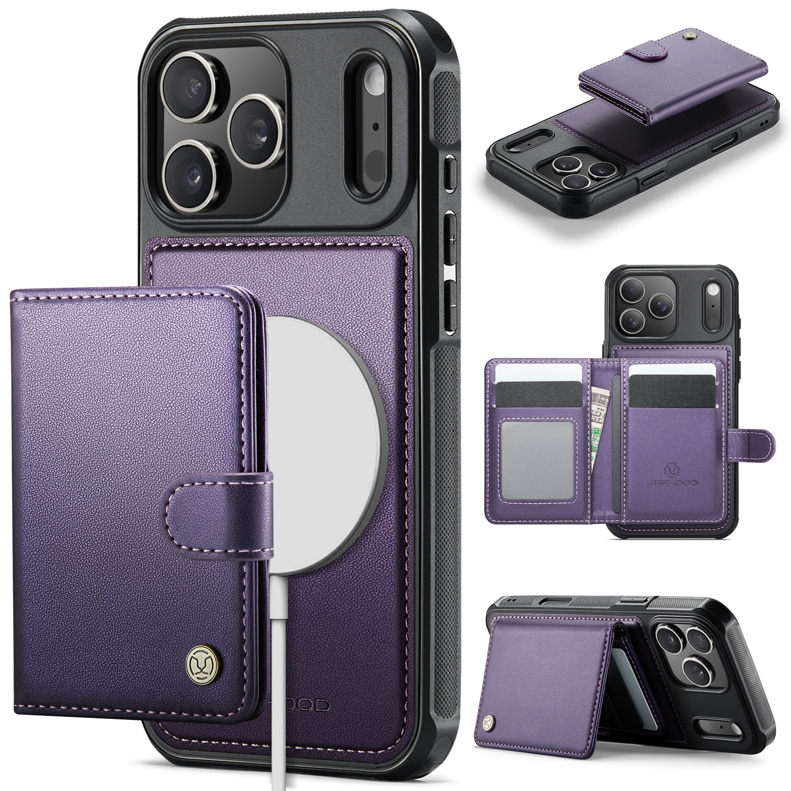 For iPhone 17 Pro Case JEEHOOD J09 RFID Blocking Card Holder Leather Back Phone Cover Compatible with MagSafe - Purple