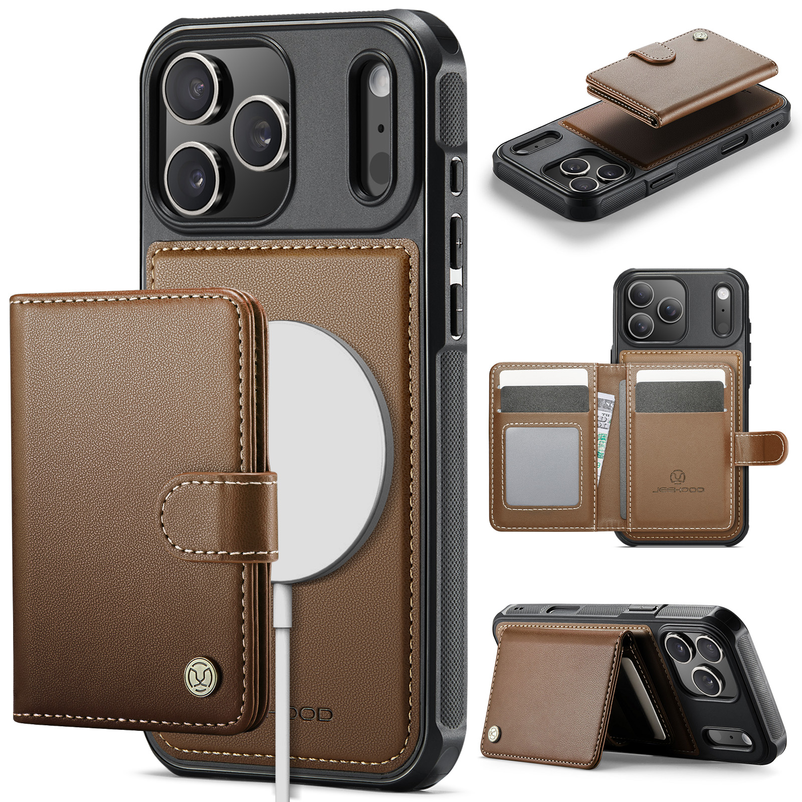 For iPhone 17 Pro Case JEEHOOD J09 RFID Blocking Card Holder Leather Back Phone Cover Compatible with MagSafe - Brown