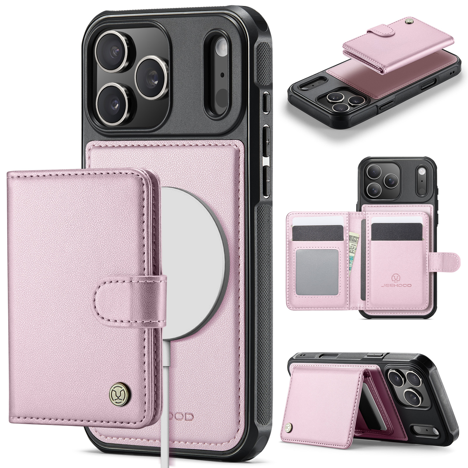 For iPhone 17 Pro Case JEEHOOD J09 RFID Blocking Card Holder Leather Back Phone Cover Compatible with MagSafe - Pink