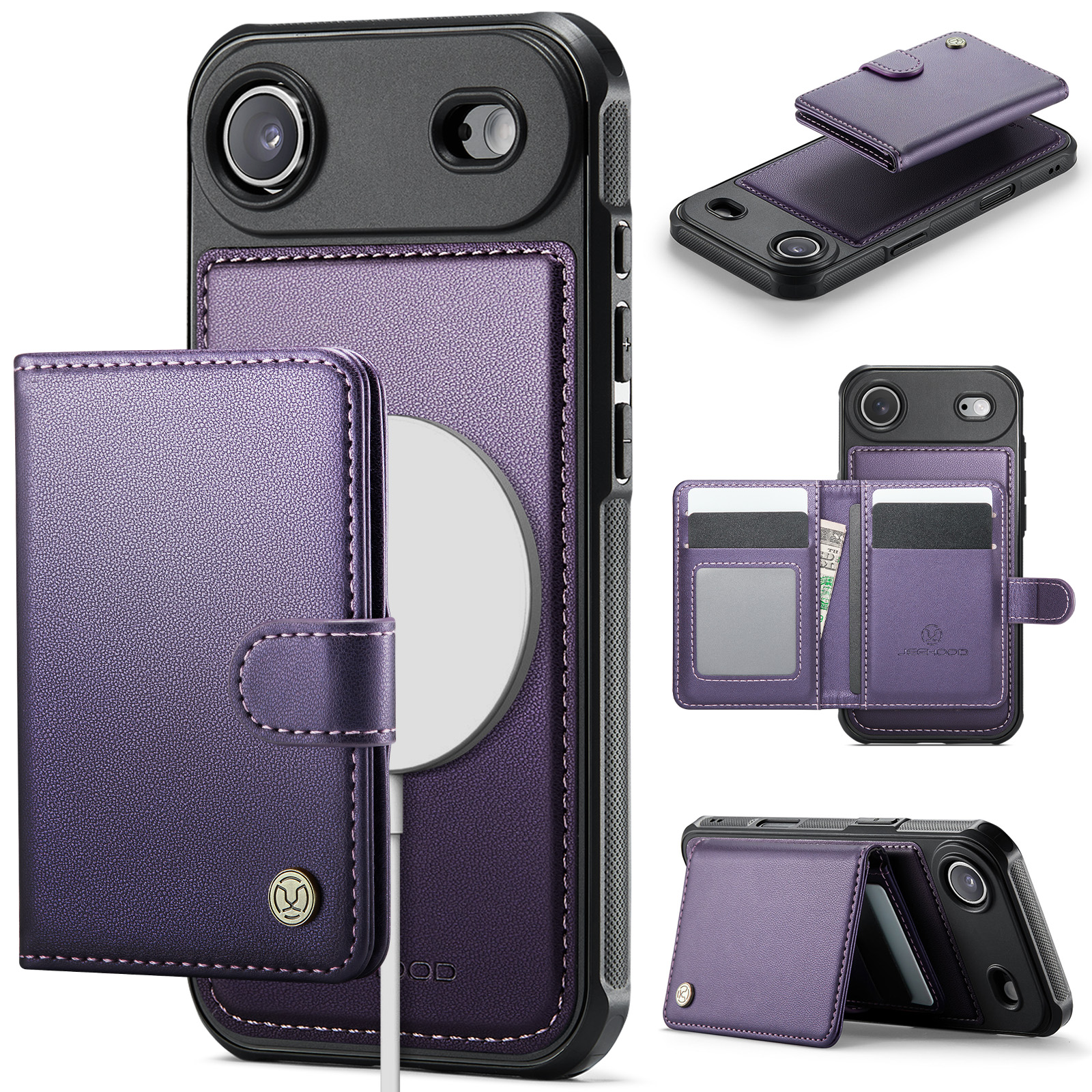 For iPhone Air Case JEEHOOD J09 RFID Blocking Card Holder Leather Back Phone Cover Compatible with MagSafe - Purple