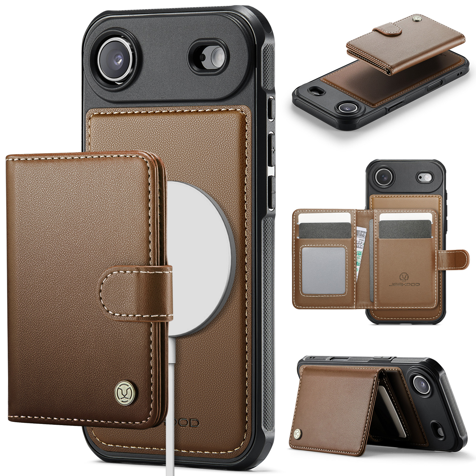 For iPhone Air Case JEEHOOD J09 RFID Blocking Card Holder Leather Back Phone Cover Compatible with MagSafe - Brown