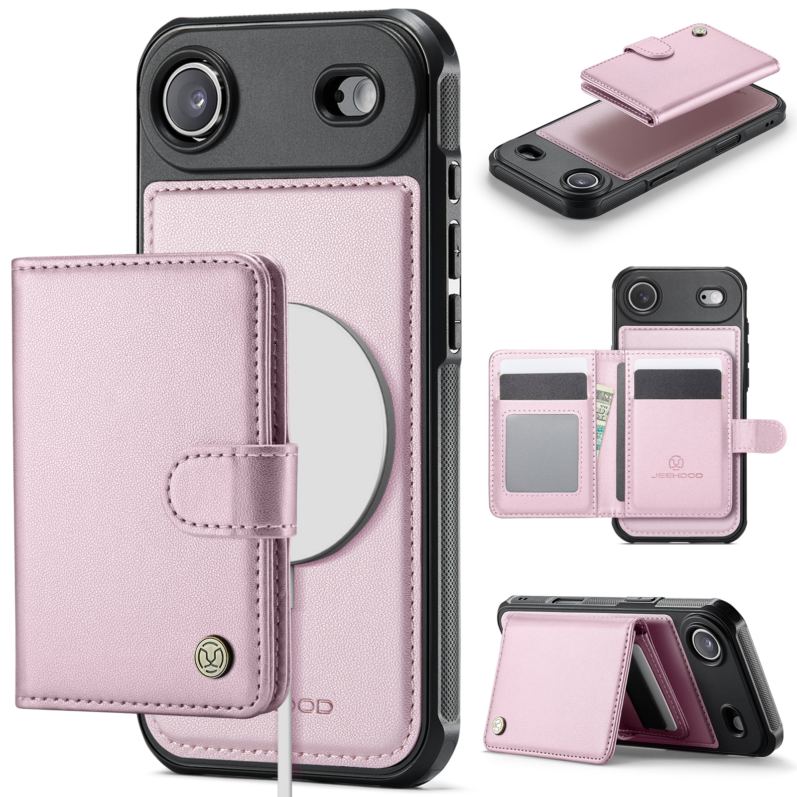 For iPhone Air Case JEEHOOD J09 RFID Blocking Card Holder Leather Back Phone Cover Compatible with MagSafe - Pink