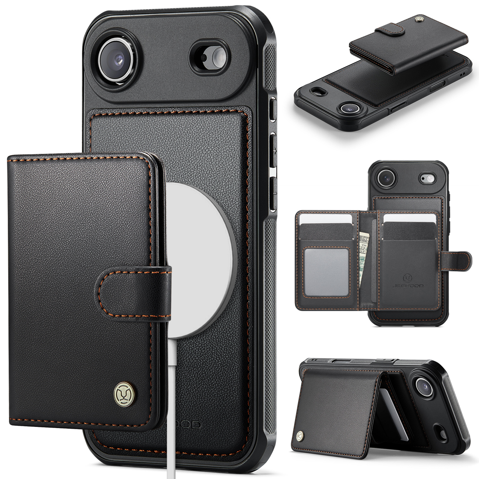 For iPhone Air Case JEEHOOD J09 RFID Blocking Card Holder Leather Back Phone Cover Compatible with MagSafe - Black