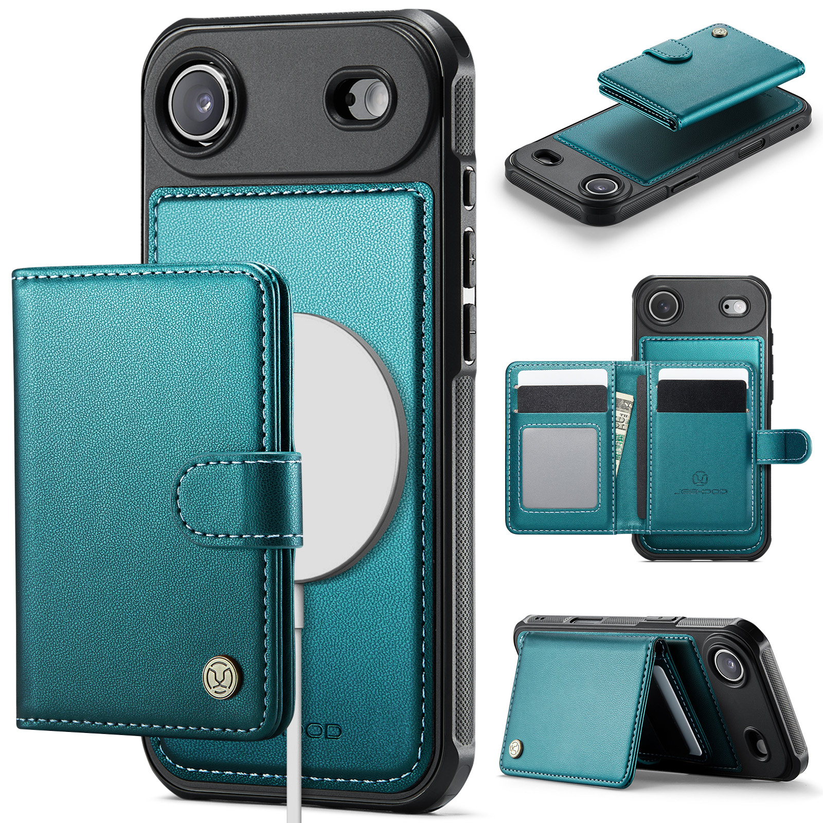 For iPhone Air Case JEEHOOD J09 RFID Blocking Card Holder Leather Back Phone Cover Compatible with MagSafe - Green