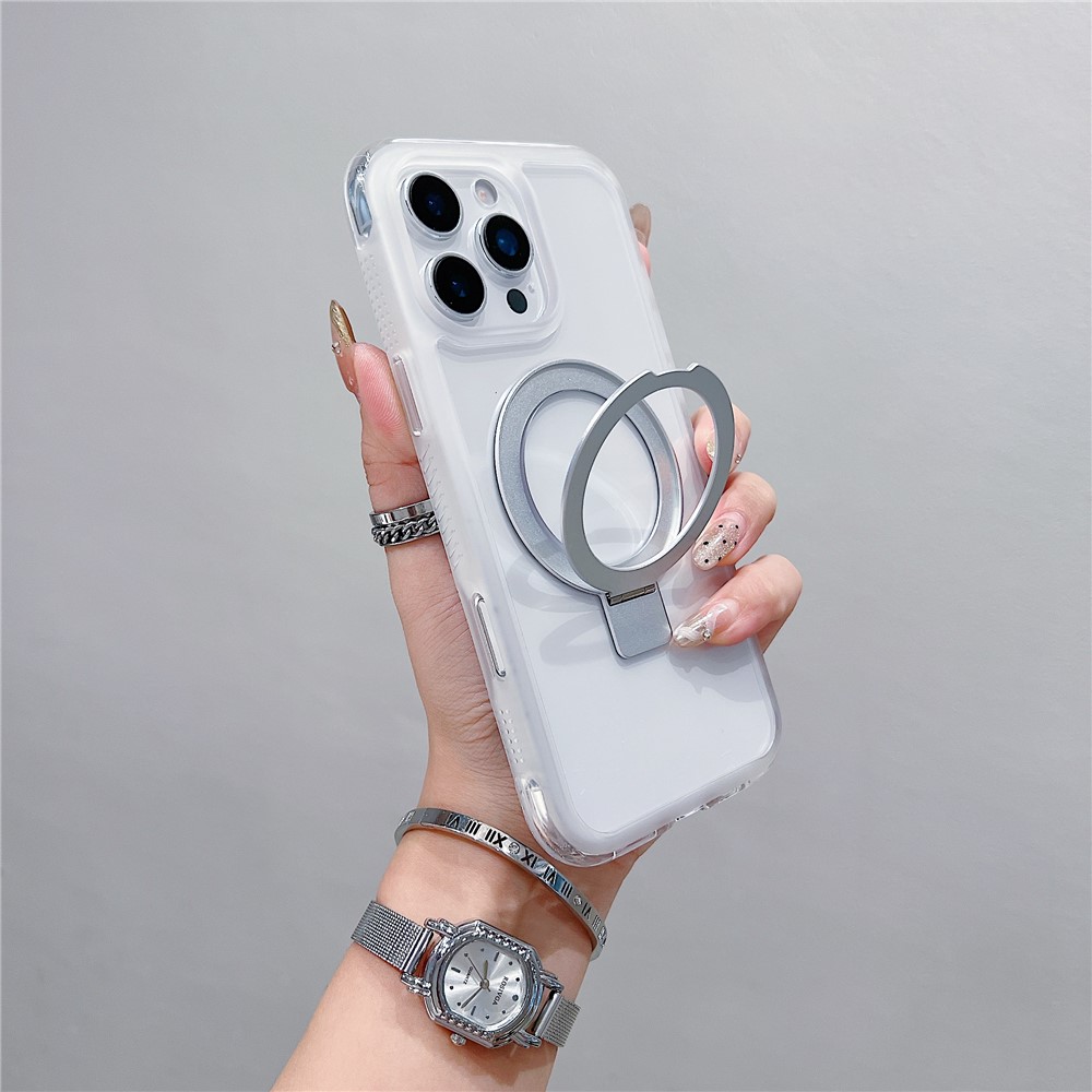 For iPhone 16 Pro Max Case Compatible with MagSafe Kickstand Clear TPU PC Phone Back Cover - White