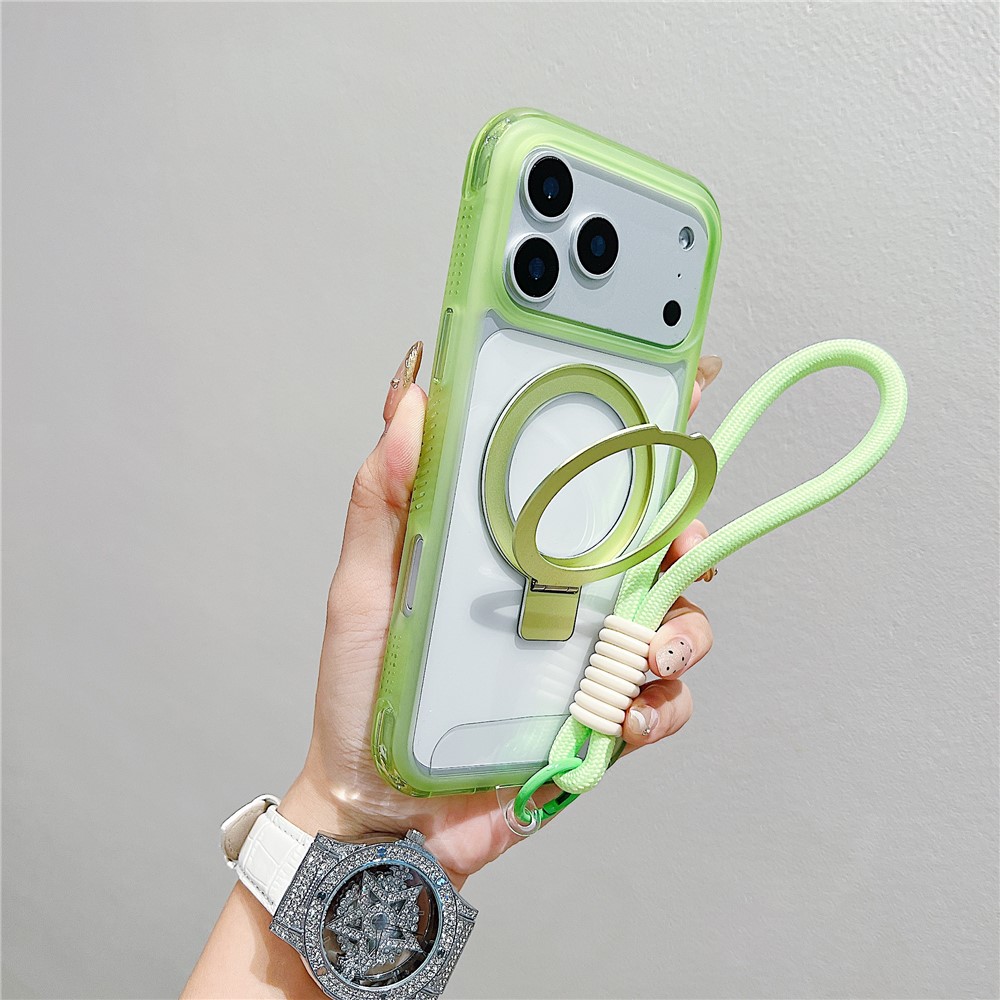 For iPhone 17 Pro Case Compatible with MagSafe Kickstand Clear TPU PC Phone Back Cover with Wrist Strap - Matcha Green