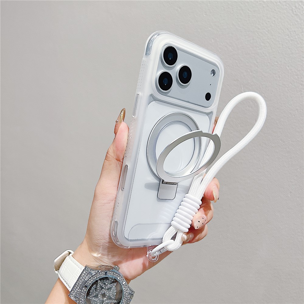 For iPhone 17 Pro Case Compatible with MagSafe Kickstand Clear TPU PC Phone Back Cover with Wrist Strap - White