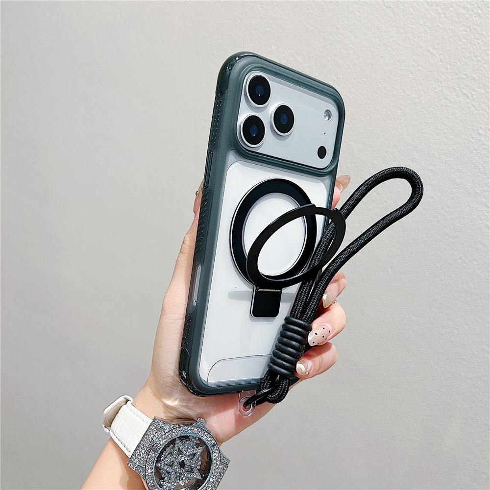 For iPhone 17 Pro Case Compatible with MagSafe Kickstand Clear TPU PC Phone Back Cover with Wrist Strap - Black