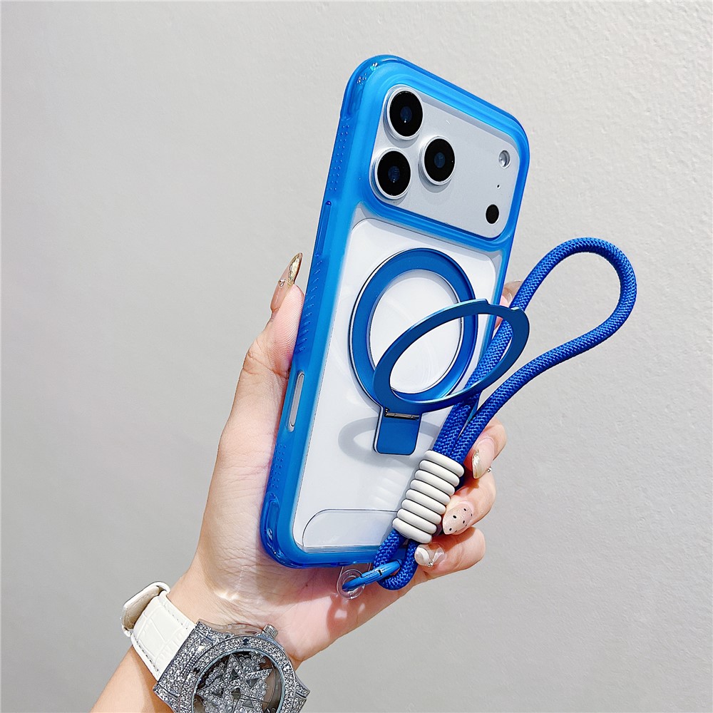 For iPhone 17 Pro Case Compatible with MagSafe Kickstand Clear TPU PC Phone Back Cover with Wrist Strap - Dark Blue