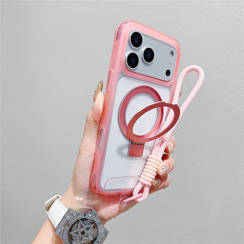 For iPhone 17 Pro Max Case Compatible with MagSafe Kickstand Clear TPU PC Phone Back Cover with Wrist Strap - Pink
