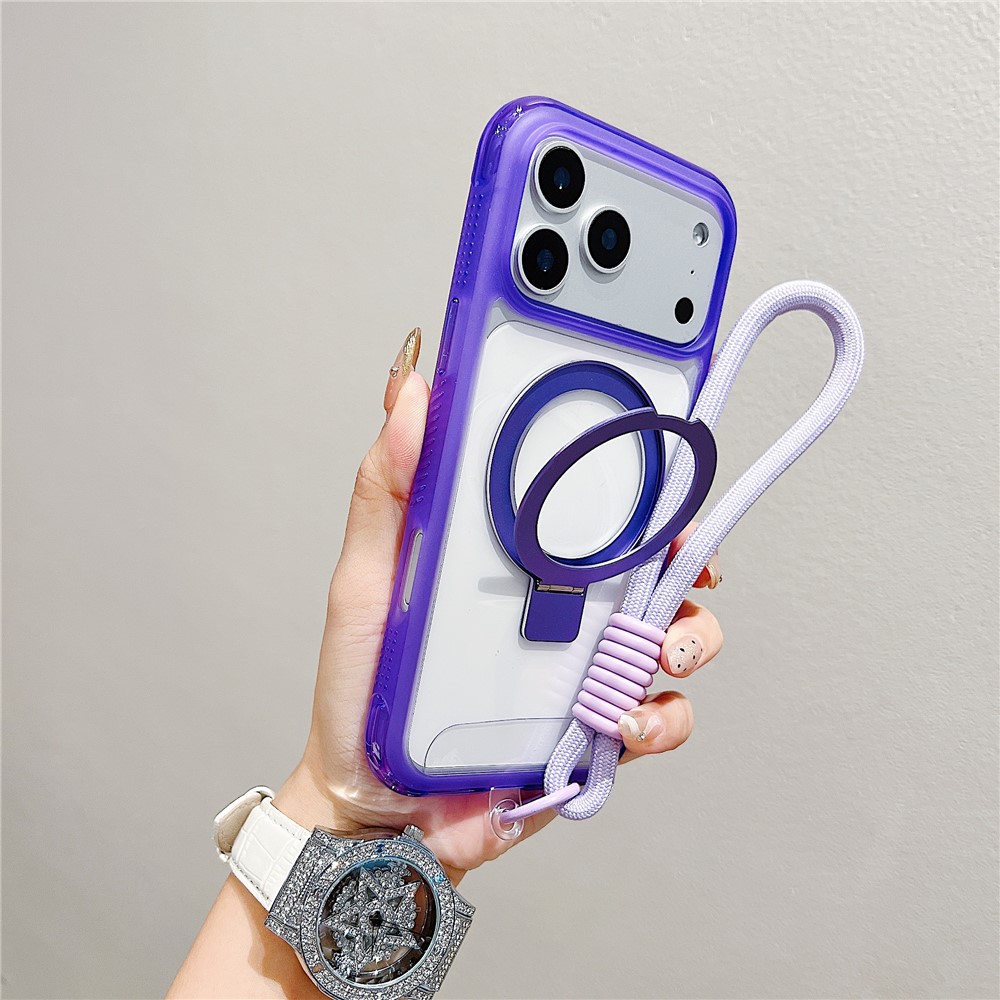 For iPhone 17 Pro Max Case Compatible with MagSafe Kickstand Clear TPU PC Phone Back Cover with Wrist Strap - Purple