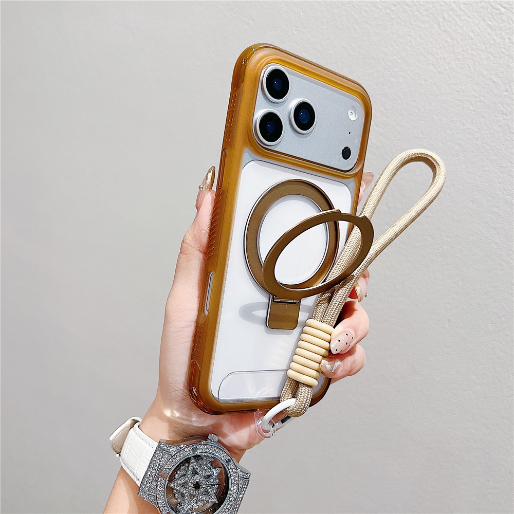 For iPhone 17 Pro Max Case Compatible with MagSafe Kickstand Clear TPU PC Phone Back Cover with Wrist Strap - Coffee