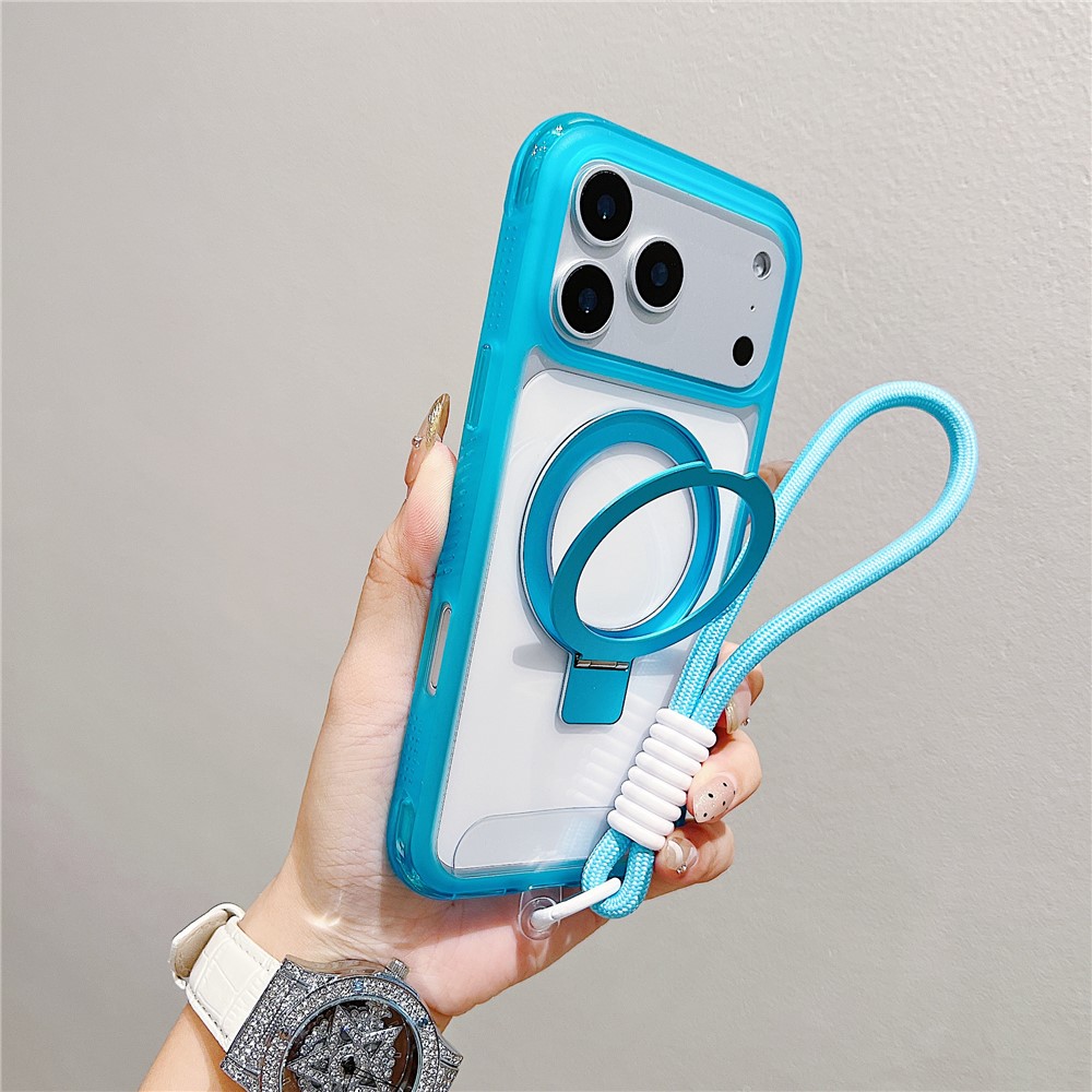 For iPhone 17 Pro Max Case Compatible with MagSafe Kickstand Clear TPU PC Phone Back Cover with Wrist Strap - Sky Blue