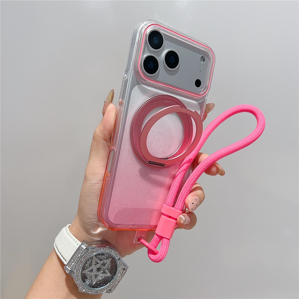 For iPhone 17 Pro Max Magnetic Case 360 Rotating Ring Kickstand Gradient Clear TPU Phone Back Cover with Wrist Strap - Pink