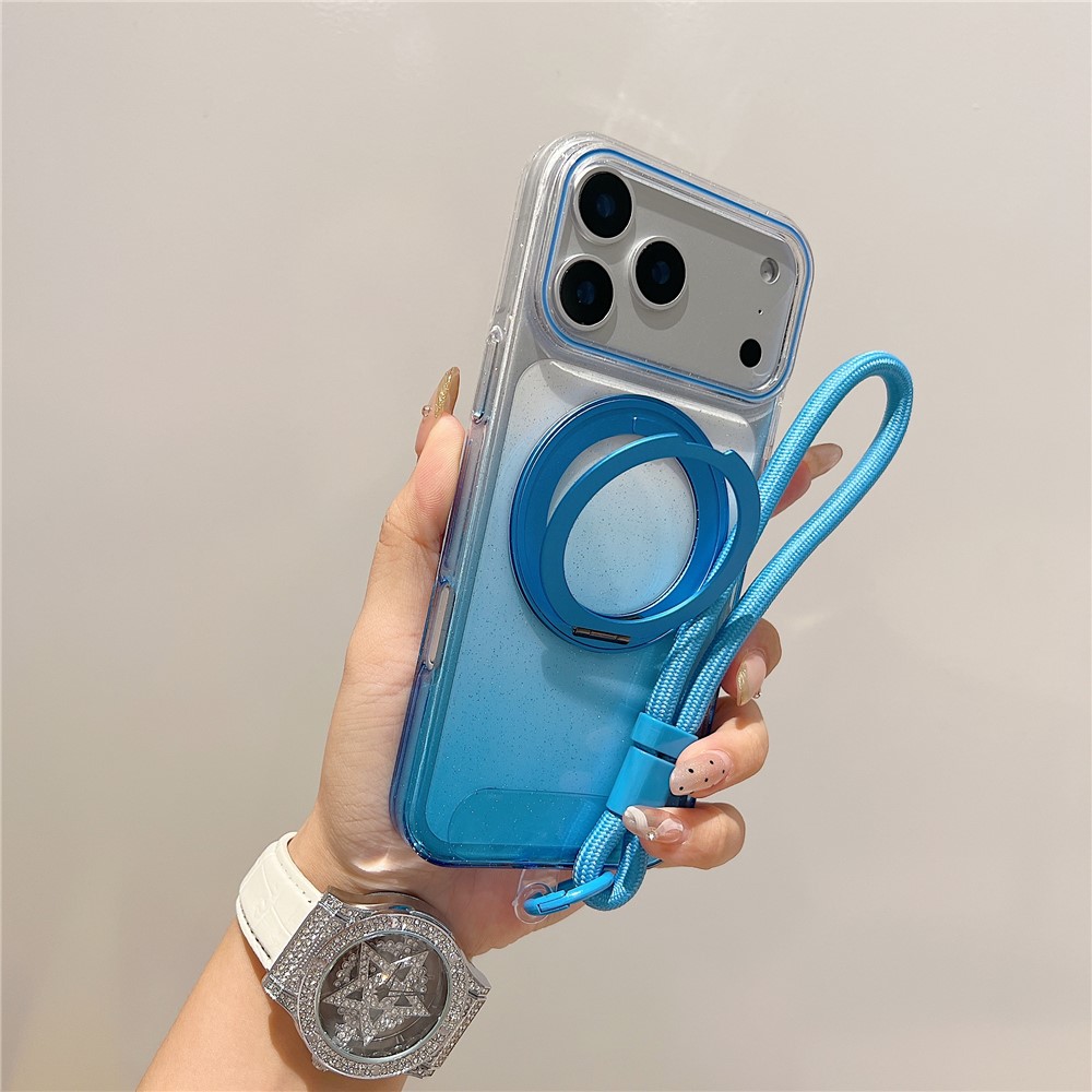 For iPhone 17 Pro Max Magnetic Case 360 Rotating Ring Kickstand Gradient Clear TPU Phone Back Cover with Wrist Strap - Blue