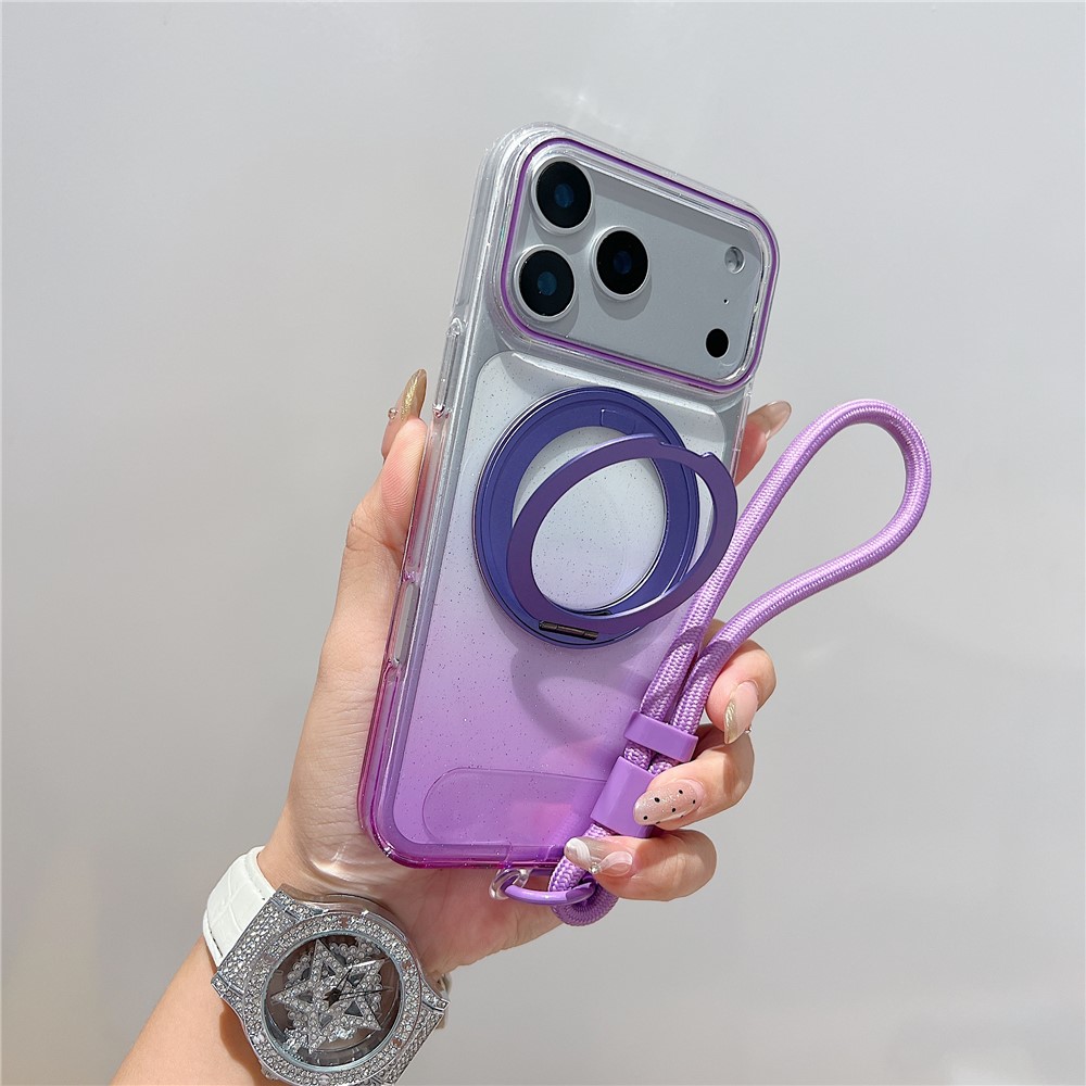 For iPhone 17 Pro Max Magnetic Case 360 Rotating Ring Kickstand Gradient Clear TPU Phone Back Cover with Wrist Strap - Purple