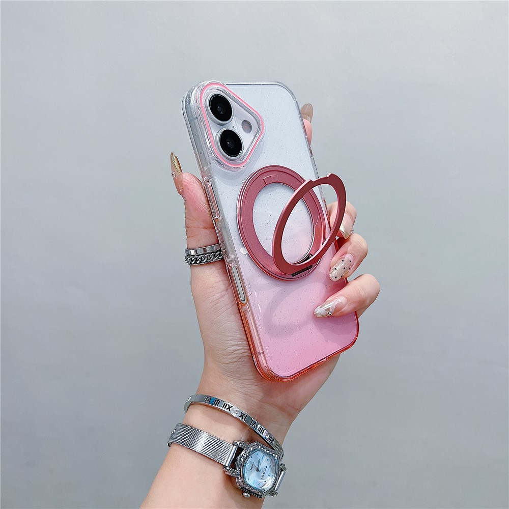 For iPhone 17 Magnetic Case 360 Rotating Ring Kickstand Gradient Clear TPU Phone Back Cover - Pink