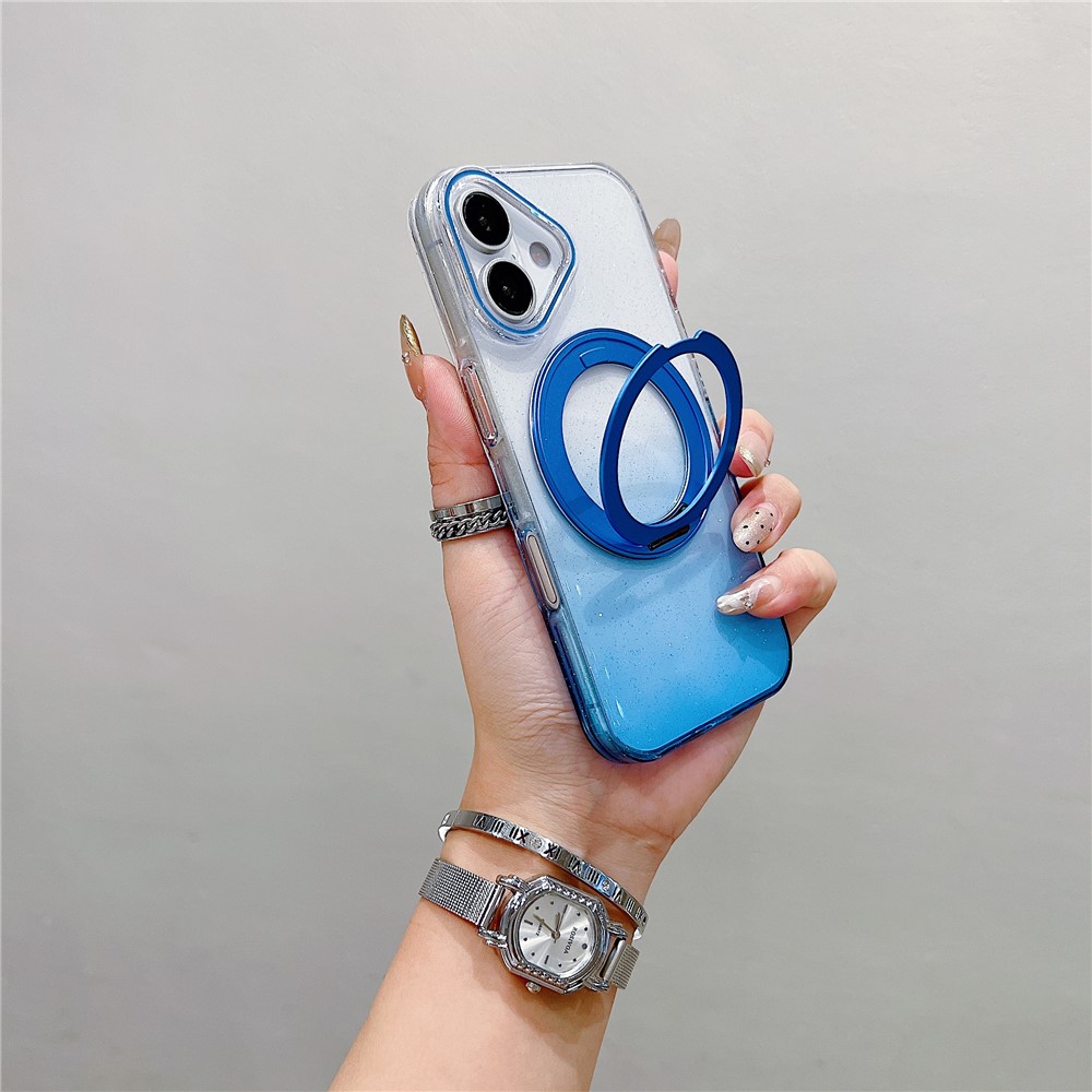 For iPhone 17 Magnetic Case 360 Rotating Ring Kickstand Gradient Clear TPU Phone Back Cover - Blue