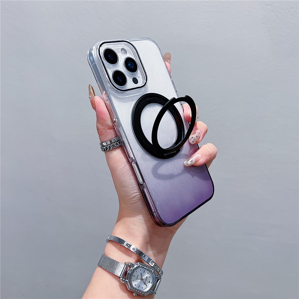 For iPhone 16 Pro Magnetic Case 360 Rotating Ring Kickstand Gradient Clear TPU Phone Back Cover - Black
