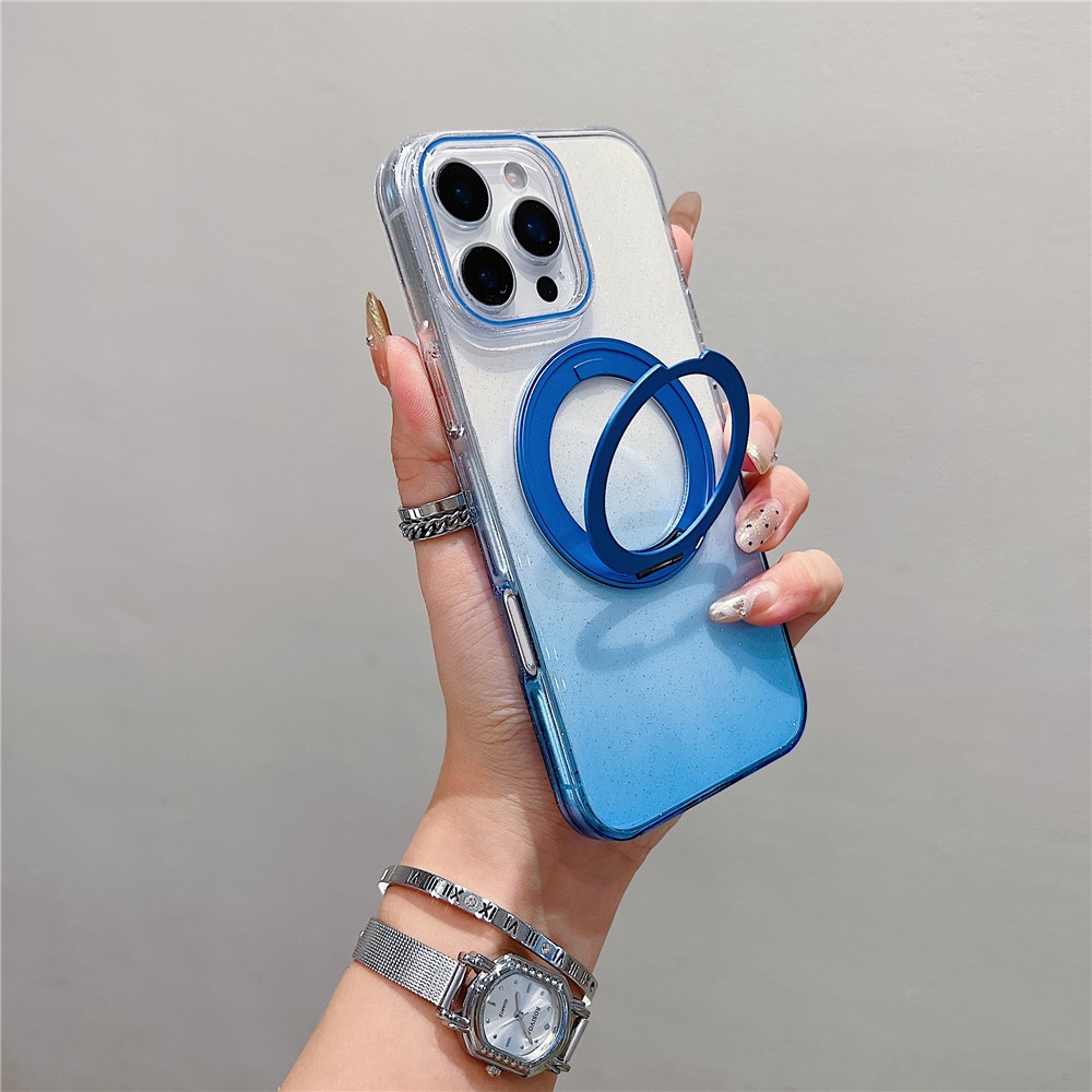 For iPhone 16 Pro Magnetic Case 360 Rotating Ring Kickstand Gradient Clear TPU Phone Back Cover - Blue